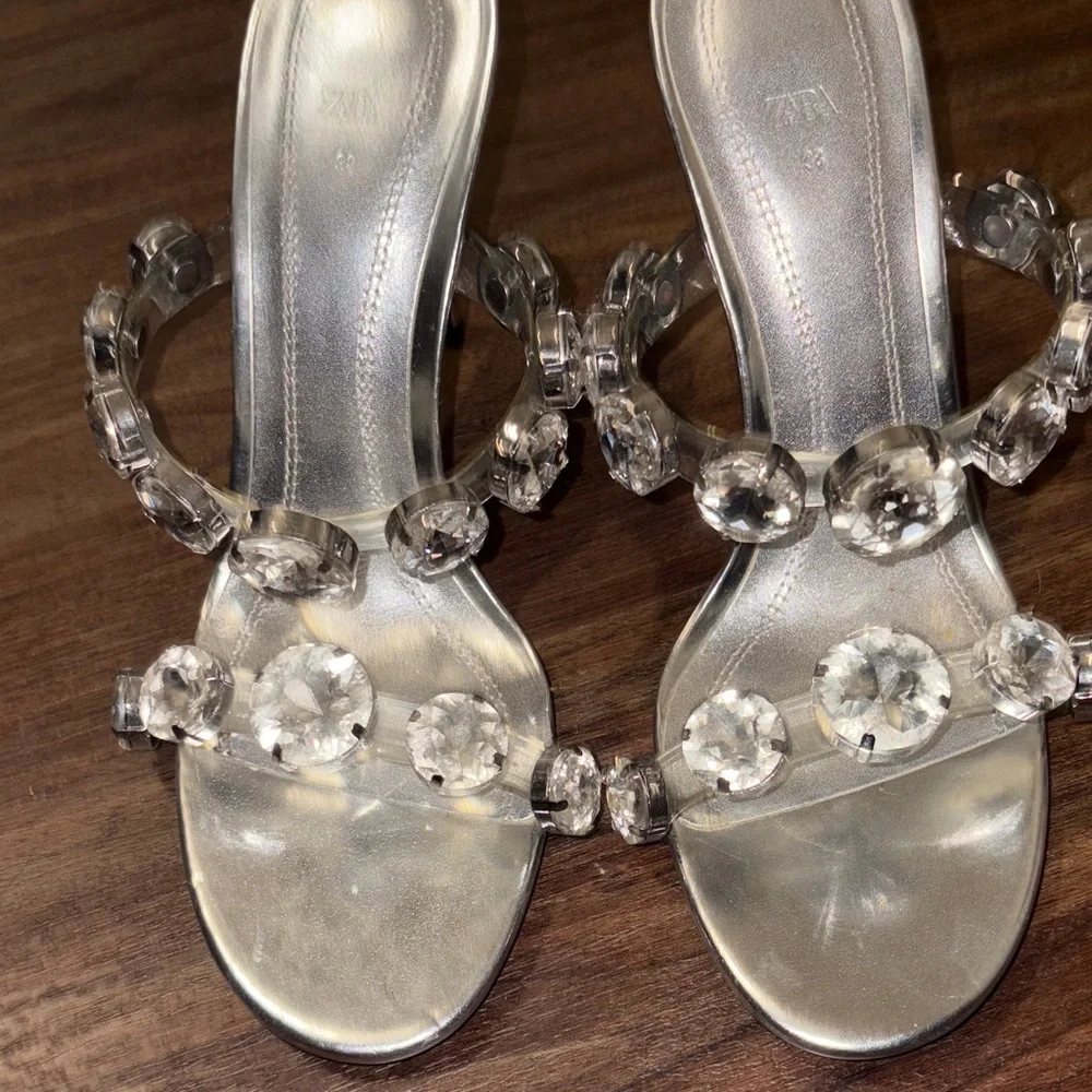ZARA NEW Crystal Embellished Silver Heels Size 38 Party Wedding Glam